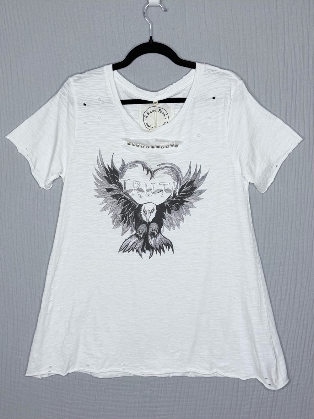A Rare Bird “Truth” Eagle Graphic Distressed Studded Tattered T-Shirt S/M NWT